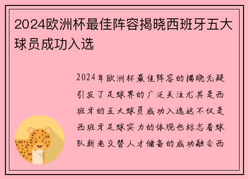 2024欧洲杯最佳阵容揭晓西班牙五大球员成功入选